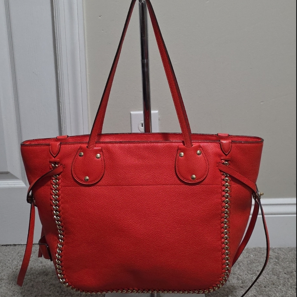 Coach Coral-Red Leather Tote with Whipstitch Accents - Picture 6 of 16
